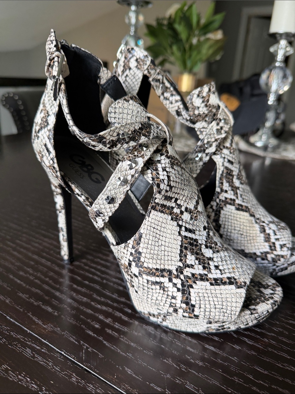 G by Guess Snake-Print Peep-Toe Stiletto Heels in White and Black
